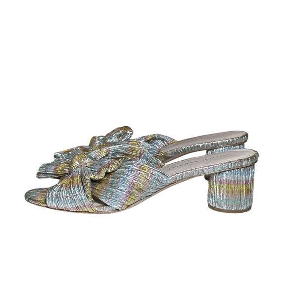 Loeffler Randall Emilia Metallic Pleated Bow Slides Mules Heels Sandals Size 8.5 - Picture 5 of 8